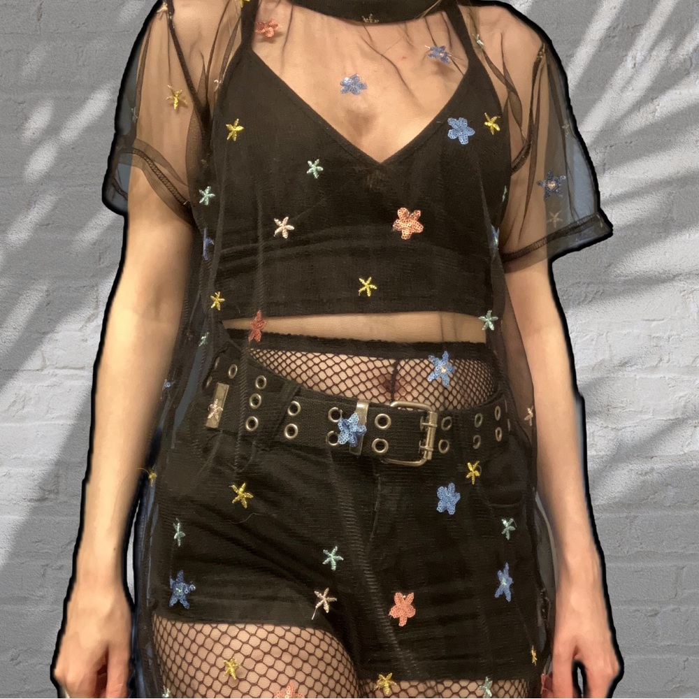 NEW BEAUTIFUL RARE CELESTIAL STAR EMBROIDERY BLACK MESH DRESS - Picture 6 of 15